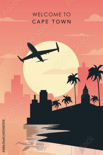 Welcome to Cape Town, South Africa. Retro city poster with abstract shapes of skyline, buildings, plane flying over. Vintage airlines travel vector illustration