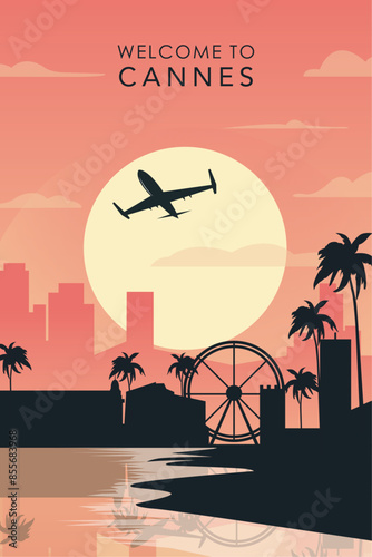 Welcome to Cannes, France. Retro city poster with abstract shapes of skyline, buildings, plane flying over. Vintage airlines travel vector illustration