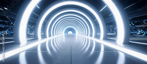 Fototapeta Naklejka Na Ścianę i Meble -   White background 3D room light abstract space technology tunnel stage floor. Empty white future 3D neon background studio futuristic corridor render modern interior silver road black wall design gray