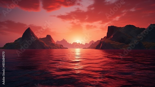 The setting sun bathes sharp cliffs and tranquil waters in a dramatic array of red and orange hues.