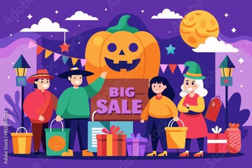 A group around a pumpkin with a sign saying big sale