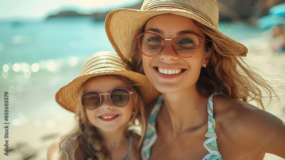 Happy mother and two children family at the beach on hot summer day Happy mother and two children family at the beach on hot summer day