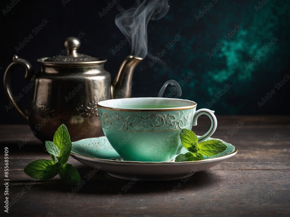 White cup and saucer with gold decorations of mint tea and mint leafs and kettle in the background White cup and saucer with gold decorations of mint tea and mint leafs and kettle in the background