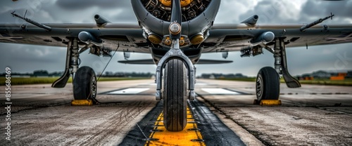 A Pilot Inspecting The Intricate Landing Gear Of A Vintage Warbird, Maintaining The Historical Integrity Of The Aircraft photo