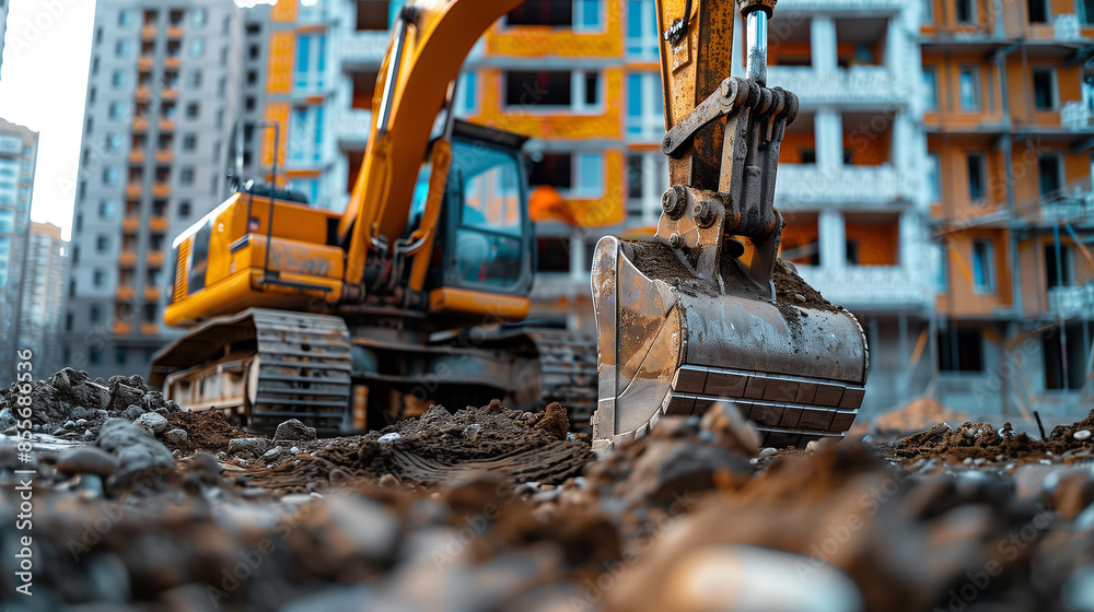 An excavator operates at a busy construction site An excavator operates at a busy construction site