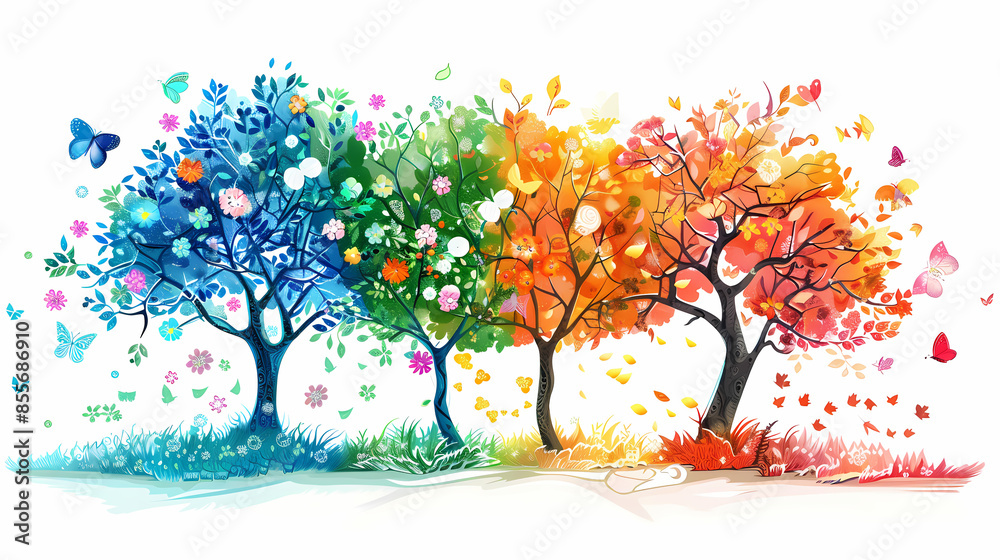 Four seasons tree isolated on white background, spring with flowers, green summer, yellow autumn, snow winter. Vector illustration. Paper cut cartoon style, Four seasons tree isolated on white background, spring with flowers, green summer, yellow autumn, snow winter. Vector illustration. Paper cut cartoon style,