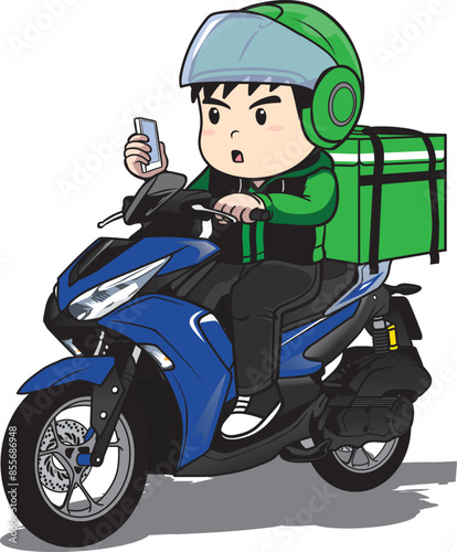 Delivery man ride motorcycle cartoon vector