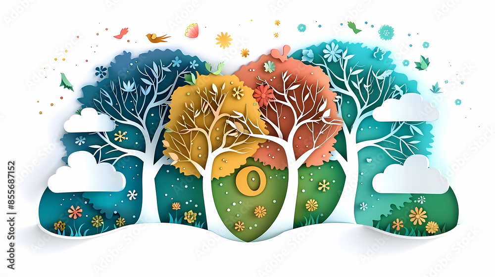 Naklejka premium Four seasons tree isolated on white background, spring with flowers, green summer, yellow autumn, snow winter. Vector illustration. Paper cut cartoon style,