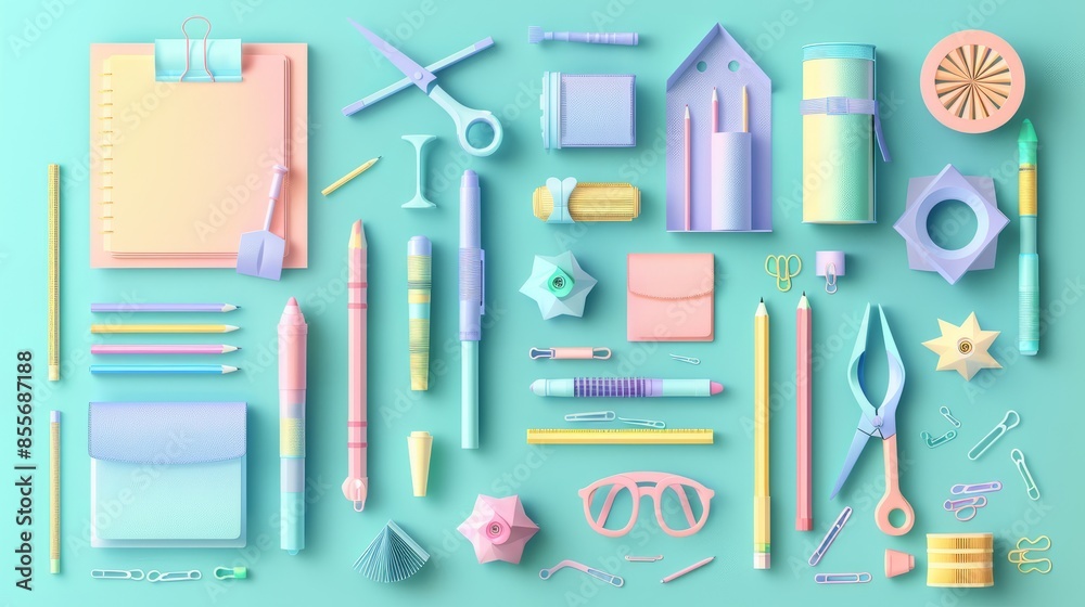 Back-to-school stationery set in pastel paper art style featuring notebooks, pencils, erasers, and other school supplies. Back-to-school stationery set in pastel paper art style featuring notebooks, pencils, erasers, and other school supplies.