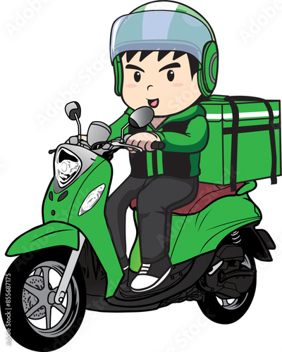 Delivery man ride motorcycle cartoon vector