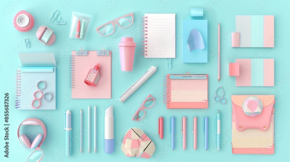 Back-to-school stationery set in pastel paper art style featuring notebooks, pencils, erasers, and other school supplies. Back-to-school stationery set in pastel paper art style featuring notebooks, pencils, erasers, and other school supplies.