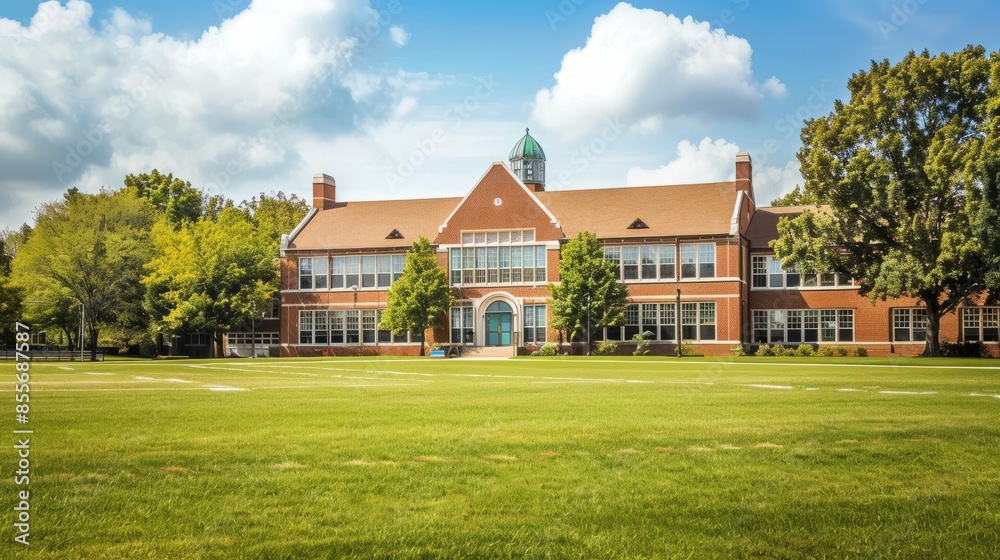 View of a classic american school building exterior with red brick walls, large windows, and a spacious front lawn in a peaceful neighborhood setting, emphasizing traditional educational architecture View of a classic american school building exterior with red brick walls, large windows, and a spacious front lawn in a peaceful neighborhood setting, emphasizing traditional educational architecture