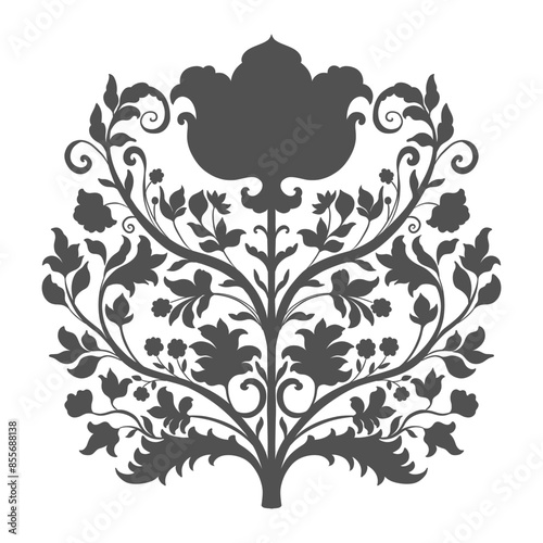 Mughal Art is a traditional bunch flower of floral ornaments. A silhouette motif on a light background, isolated element. Fantasy traditional bouquet.