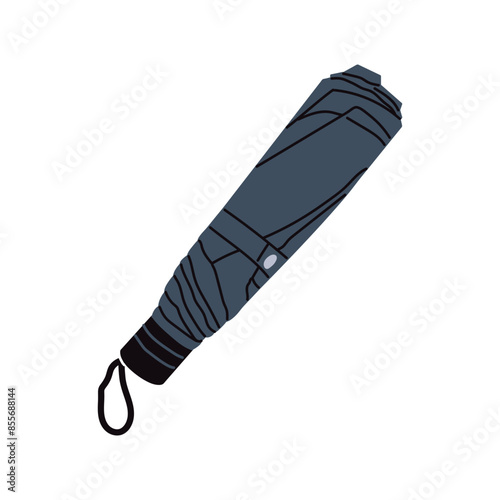Folded closed collapsible umbrella with handle, small foldable accessory for rainy weather, rain protection, sunshade, parasol with handle and loop, tied closed parasol flat vector illustration.
