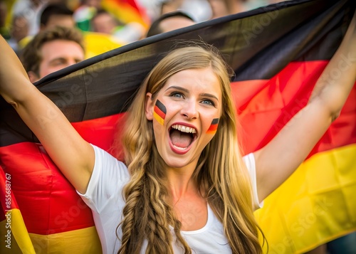 Pretty German Girl With Painted Face Holding German Flag And Cheering For Her Team At The Stadium photo