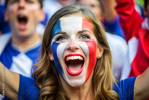 Young French Woman With Painted Face And Open Mouth. She Is Cheering For Her Favorite Team.