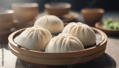  view of elegant Chinese steamed buns baozi with steamer