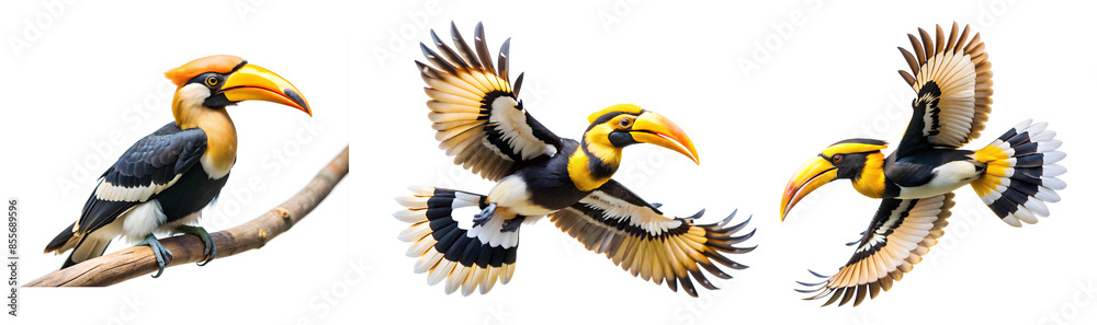 Fototapeta premium The Great Hornbill flying on white background