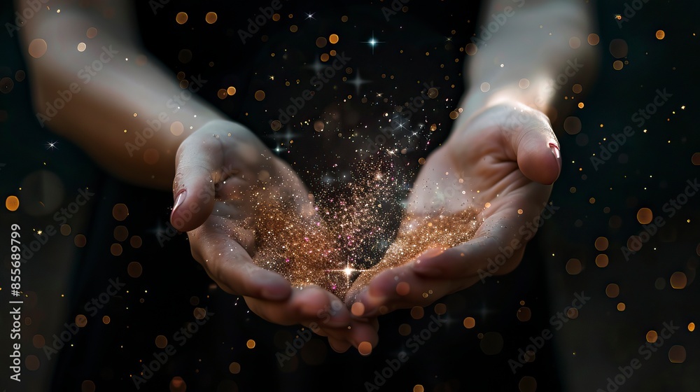 Fototapeta premium Stardust and magic in woman hands on dark background