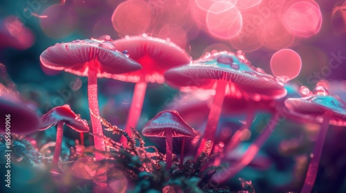 A Cluster of Pink Mushrooms in a Magical Forest photo