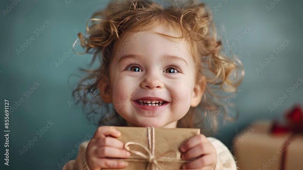 Joyful Child Unwrapping Gift with Sparkling Eyes and Radiant Smile Emotion and Concept Joyful Child Unwrapping Gift with Sparkling Eyes and Radiant Smile Emotion and Concept