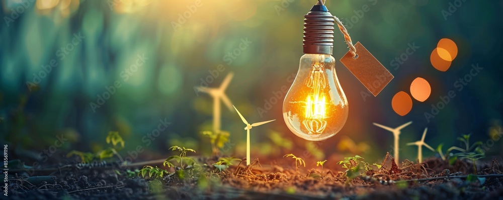 In a minimalist setting, a light bulb glows brightly with a price tag attached, symbolizing the rise in energy prices. Nearby, icons of wind turbines and solar panels suggest a shift towards In a minimalist setting, a light bulb glows brightly with a price tag attached, symbolizing the rise in energy prices. Nearby, icons of wind turbines and solar panels suggest a shift towards