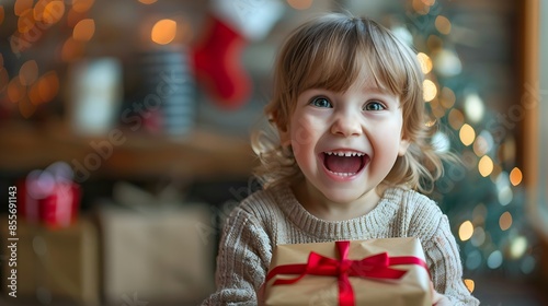 Child Joyfully Unwrapping Gift Sparkling with Happiness and Excitement