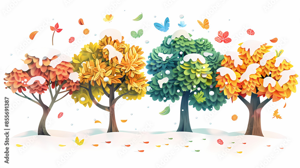 Fototapeta premium Four seasons tree isolated on white background, spring with flowers, green summer, yellow autumn, snow winter. Vector illustration. Paper cut cartoon style,