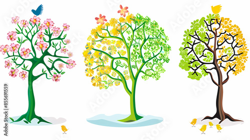 Four seasons tree isolated on white background, spring with flowers, green summer, yellow autumn, snow winter. Vector illustration. Paper cut cartoon style,