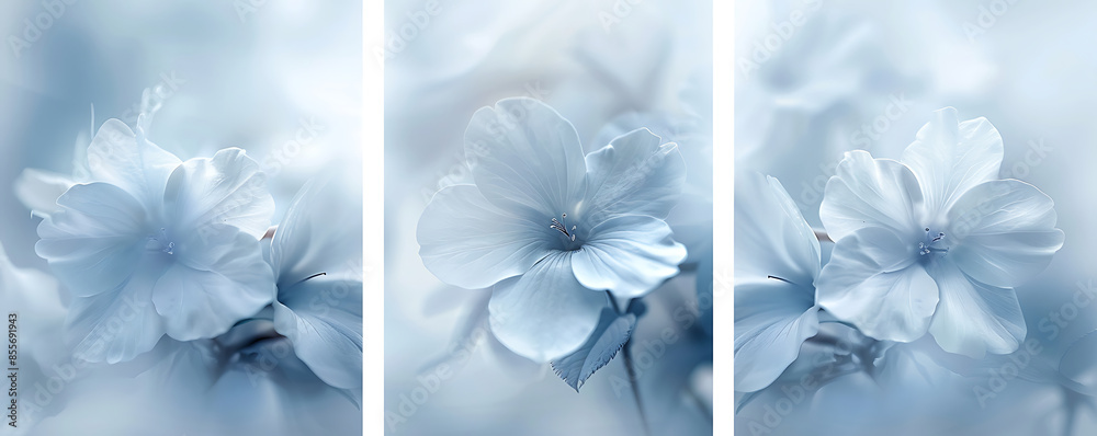 Three modern art posters with abstract floral flower in smoke blue and white shades . Three modern art posters with abstract floral flower in smoke blue and white shades .