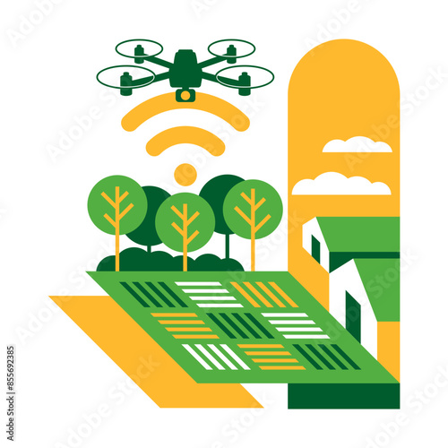 Smart Farming, using drones- isometric decoration photo