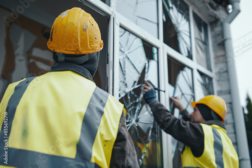 Workers in yellow safety vests fixing a shattered window of a house