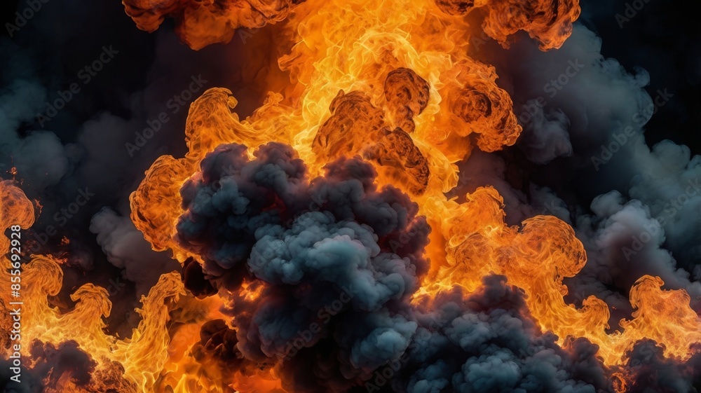 Flames blazing with smoke billowing on a dark background Flames blazing with smoke billowing on a dark background