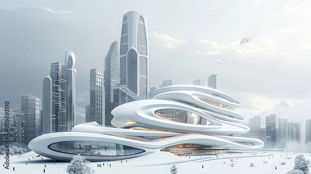 The image shows a futuristic city with a large, white, alien-like structure in the foreground The image shows a futuristic city with a large, white, alien-like structure in the foreground