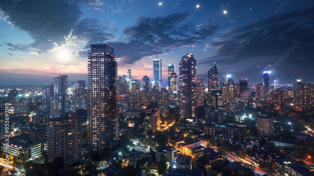 Fototapeta premium A city skyline at night with a bright moon in the sky