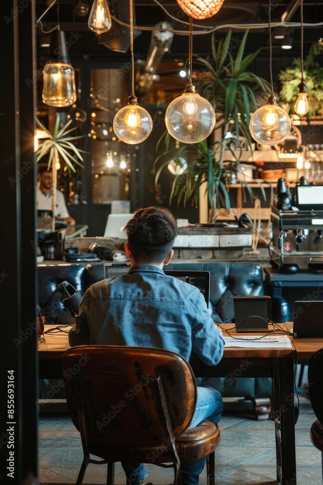 Professional Photography of a person working remotely with multiple devices in a trendy coffee shop, Generative AI Professional Photography of a person working remotely with multiple devices in a trendy coffee shop, Generative AI