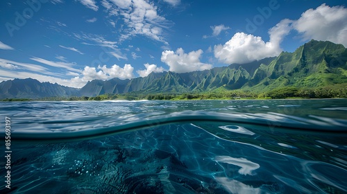 Crystal clear view of calm teahupoo waters before the famous waves rise, set against a backdrop of majestic, green-covered mountains under a blue sky with scattered clouds. photo