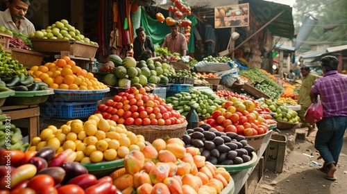 A market with a variety of fruits and vegetables, including tomatoes, apples