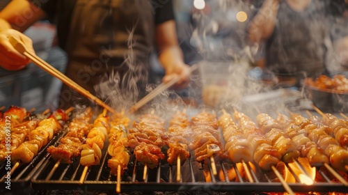 A man is cooking food on a grill with a lot of smoke photo