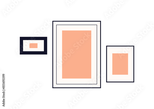 Artwork framed pictures hanging on wall, abstract modern interior posters group, decorative painting photo frame, paintings, photo art arrangement, placement for decoration flat vector illustration.
