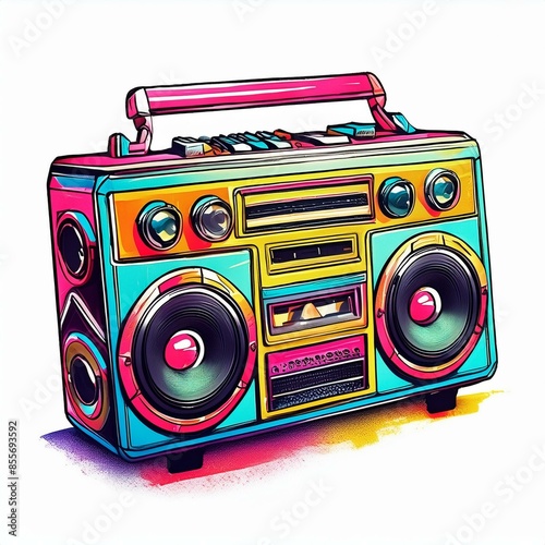  A colorful, 80s style illustration of a boombox with chrome accents, light reflecting off its surface.