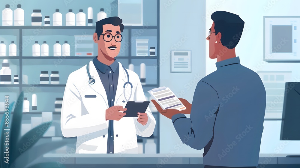 Physician providing instructions on prescription medication to a male patient Physician providing instructions on prescription medication to a male patient