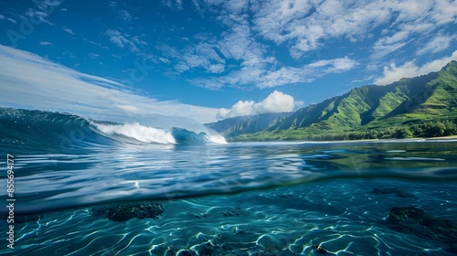 Crystal clear view of calm teahupoo waters before the famous waves rise, set against a backdrop of majestic, green-covered mountains under a blue sky with scattered clouds. photo