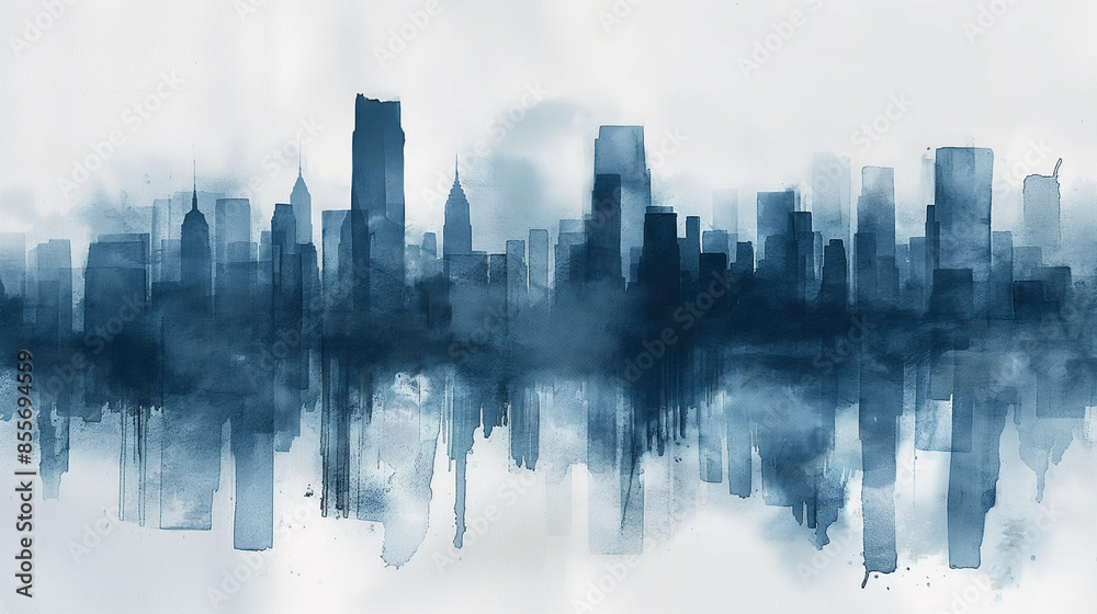 Fototapeta premium A city skyline is painted in blue with a white background