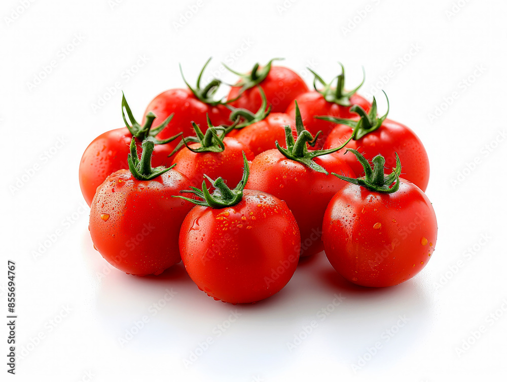 A cluster of fresh, ripe red tomatoes with green stems, covered in water droplets, set against a white background, emphasizing their freshness, juiciness, and vibrant color. Copy space. A cluster of fresh, ripe red tomatoes with green stems, covered in water droplets, set against a white background, emphasizing their freshness, juiciness, and vibrant color. Copy space.