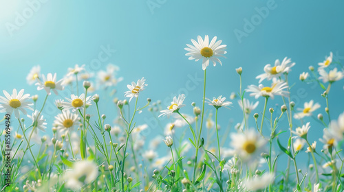 Fototapeta Naklejka Na Ścianę i Meble -  spring flowers, a meadow dotted with daisies, under a clear blue sky, natural fresh daisy wallpaper