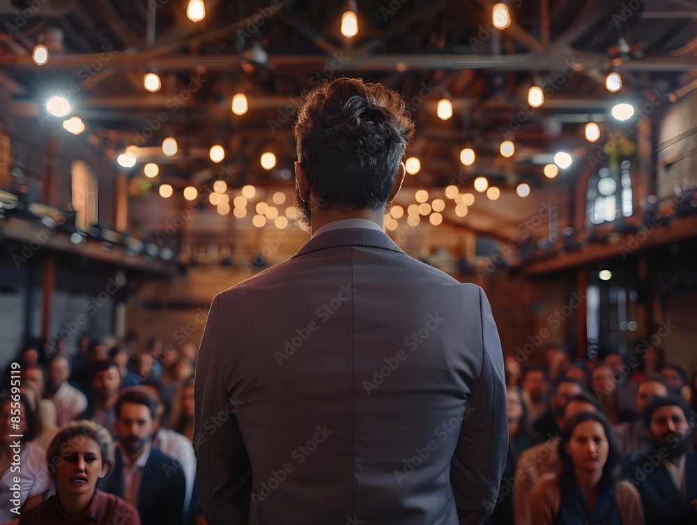 Fototapeta premium Confident CEO Delivering Motivational Speech to Engaged Business Audience
