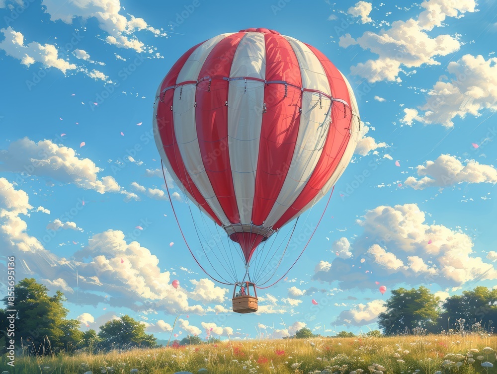 Naklejka premium Red and white hot air balloons soar among cotton candy clouds in the blue sky. Illustration.