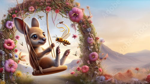 Whimsical 3d image of a baby kangaroo on a swing with beautiful flowers and nature photo