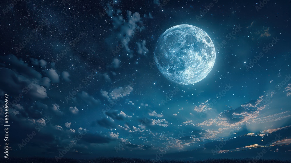 Fototapeta premium A dramatic night sky with a full moon and wispy clouds.